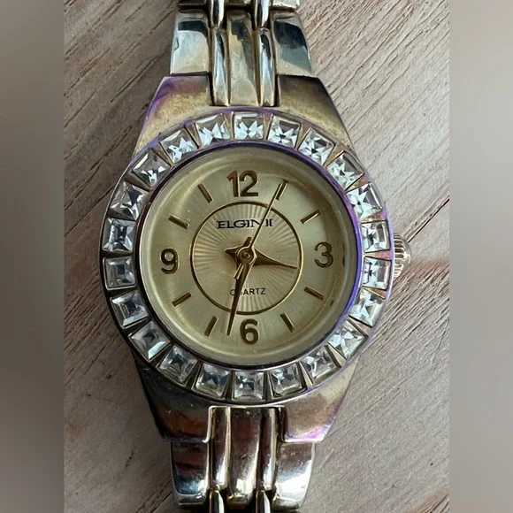Elgin II Ladies Watch Crystals Gold Tone Purple Case and Gold Tone Dial Elgin Watch Womens 21mm Black Dial Faceted Crystal EM178 New  main image 3